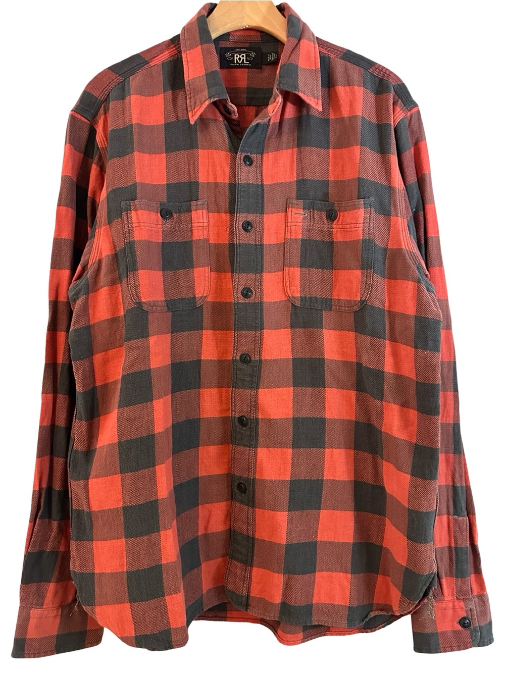 Ralph Lauren Double RL Men’s Size L Red Black Plaid Twill Button Down Work Shirt